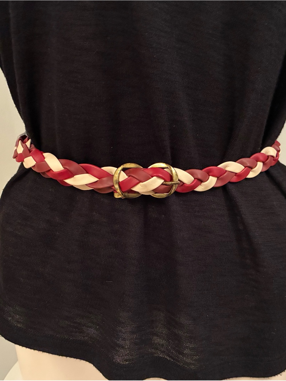 Vintage 80s Tri-Color
Braided Belt Woven Puffy Waist Cincher Red Cream Burgundy